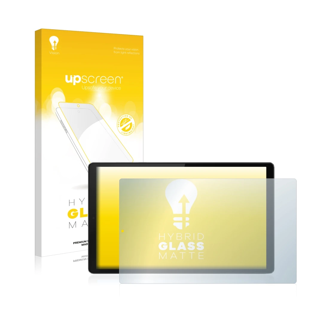 Front side of a product packaging with the brand logo upscreen. Next to it is the device Lenovo Tab M10 HD (2nd Gen.) shown wi