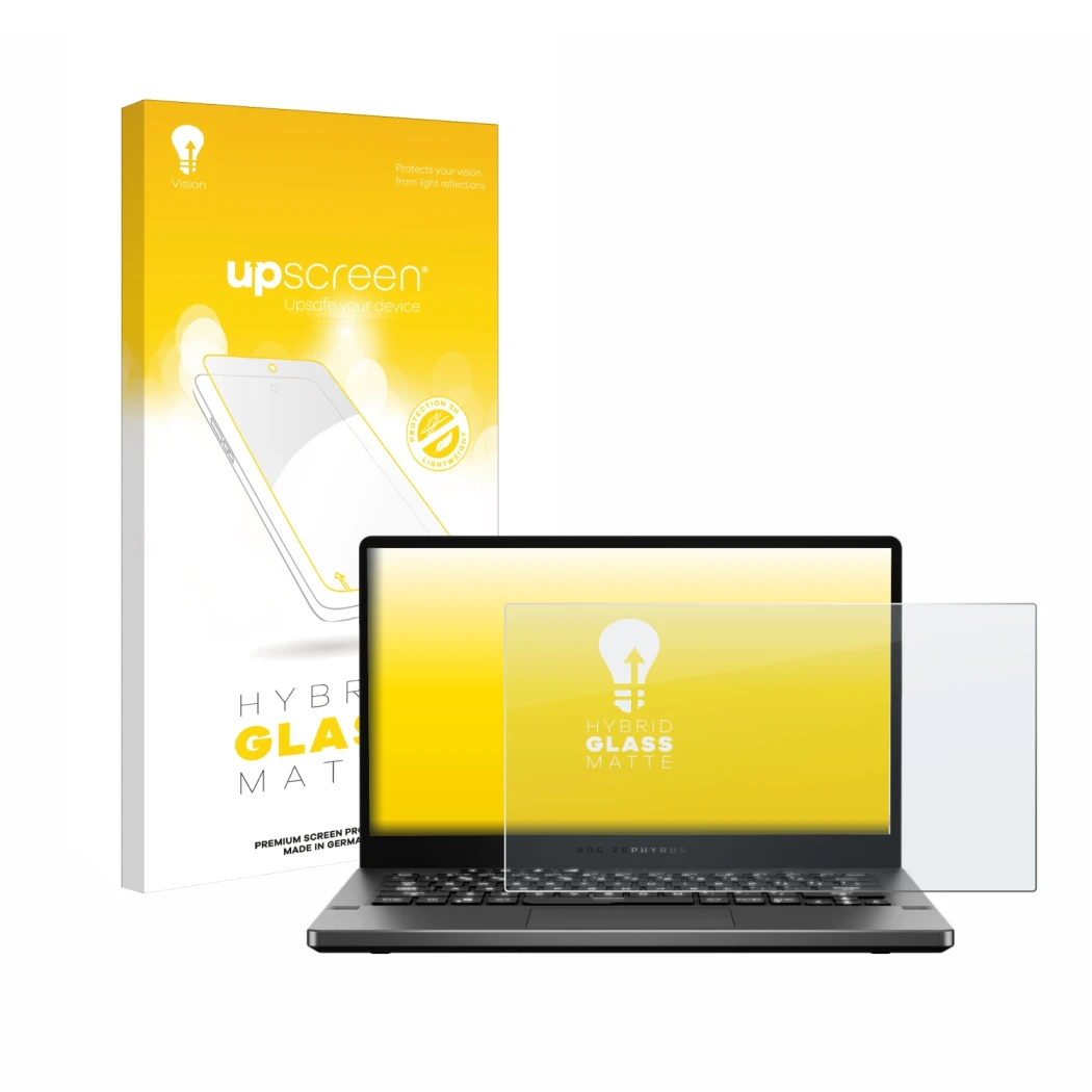 Front side of a product packaging with the brand logo upscreen. Next to it is the device ASUS ROG Zephyrus G14 GA401 shown wit