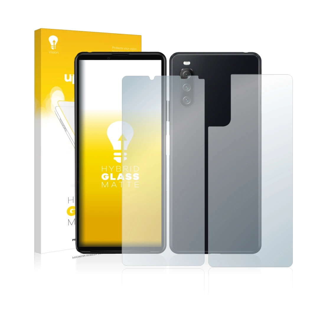 Front side of a product packaging with the brand logo upscreen. Next to it is the device Sony Xperia 10 III (Front+Back) shown