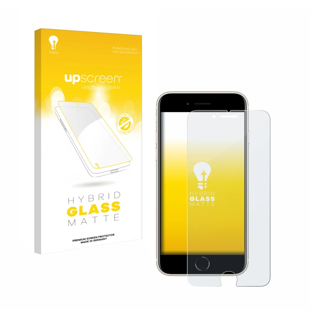 Front side of a product packaging with the brand logo upscreen. Next to it is the device Apple iPhone SE 3 2022 shown with the