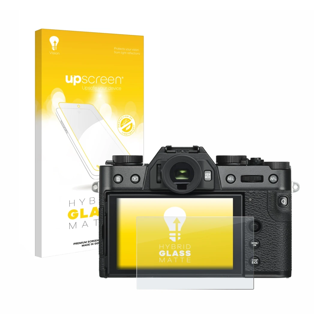 Front side of a product packaging with the brand logo upscreen. Next to it is the device Fujifilm X-T30 ll shown with the corr