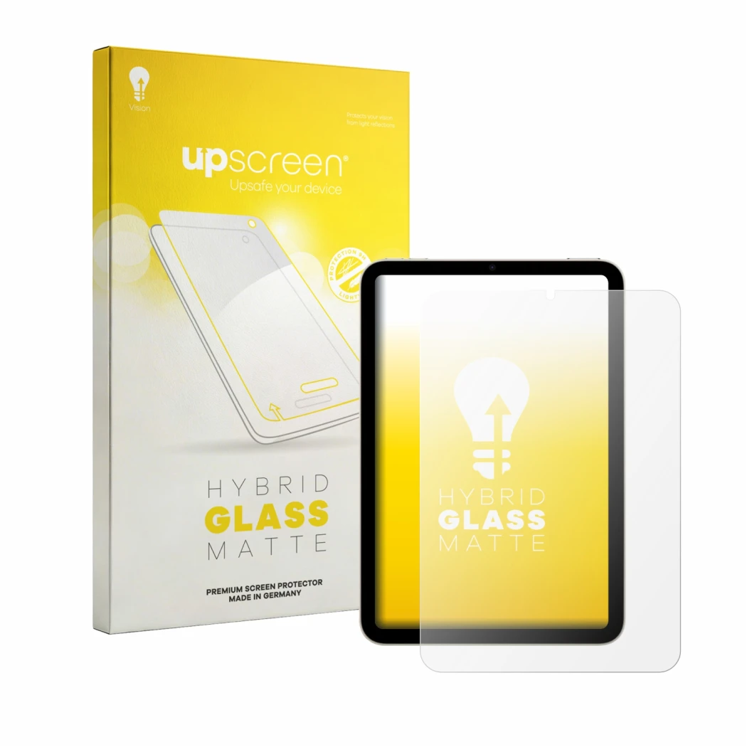 Front side of a product packaging with the brand logo upscreen. Next to it is the device Apple iPad Mini 6 2021 shown with the
