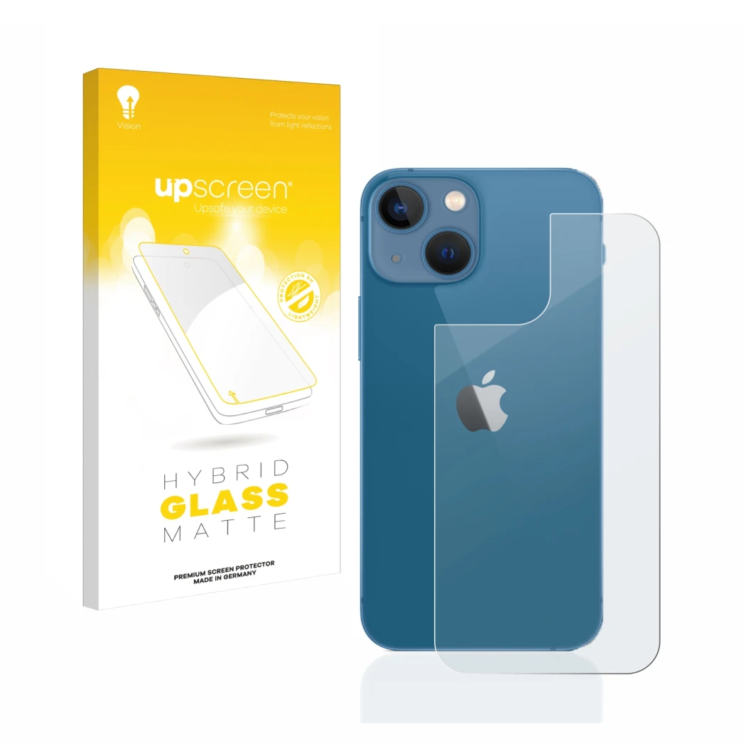 Front side of a product packaging with the brand logo upscreen. Next to it is the device Apple iPhone 13 mini (Back) shown wit