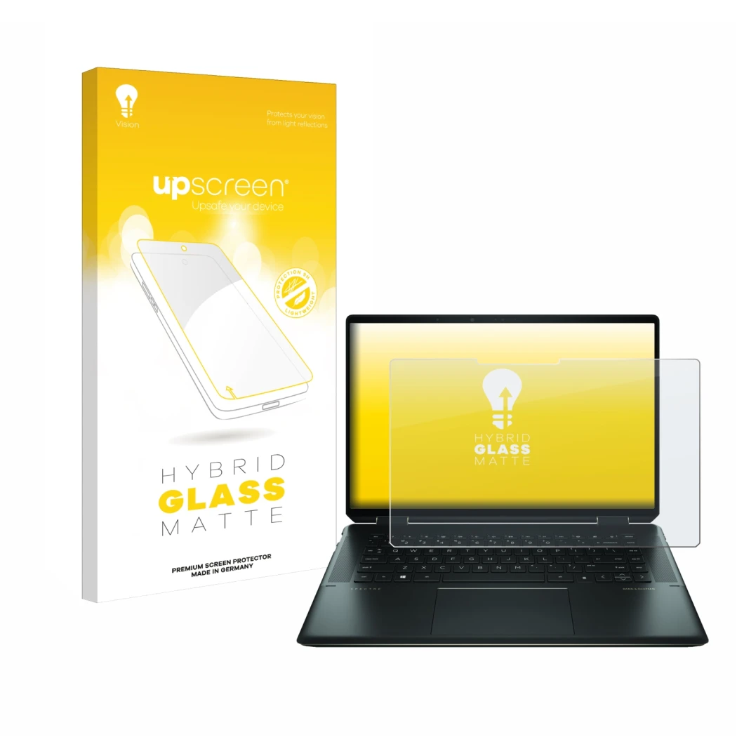 Front side of a product packaging with the brand logo upscreen. Next to it is the device HP Spectre x360 16