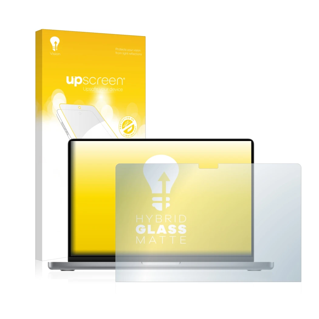 Front side of a product packaging with the brand logo upscreen. Next to it is the device Apple MacBook Pro 14