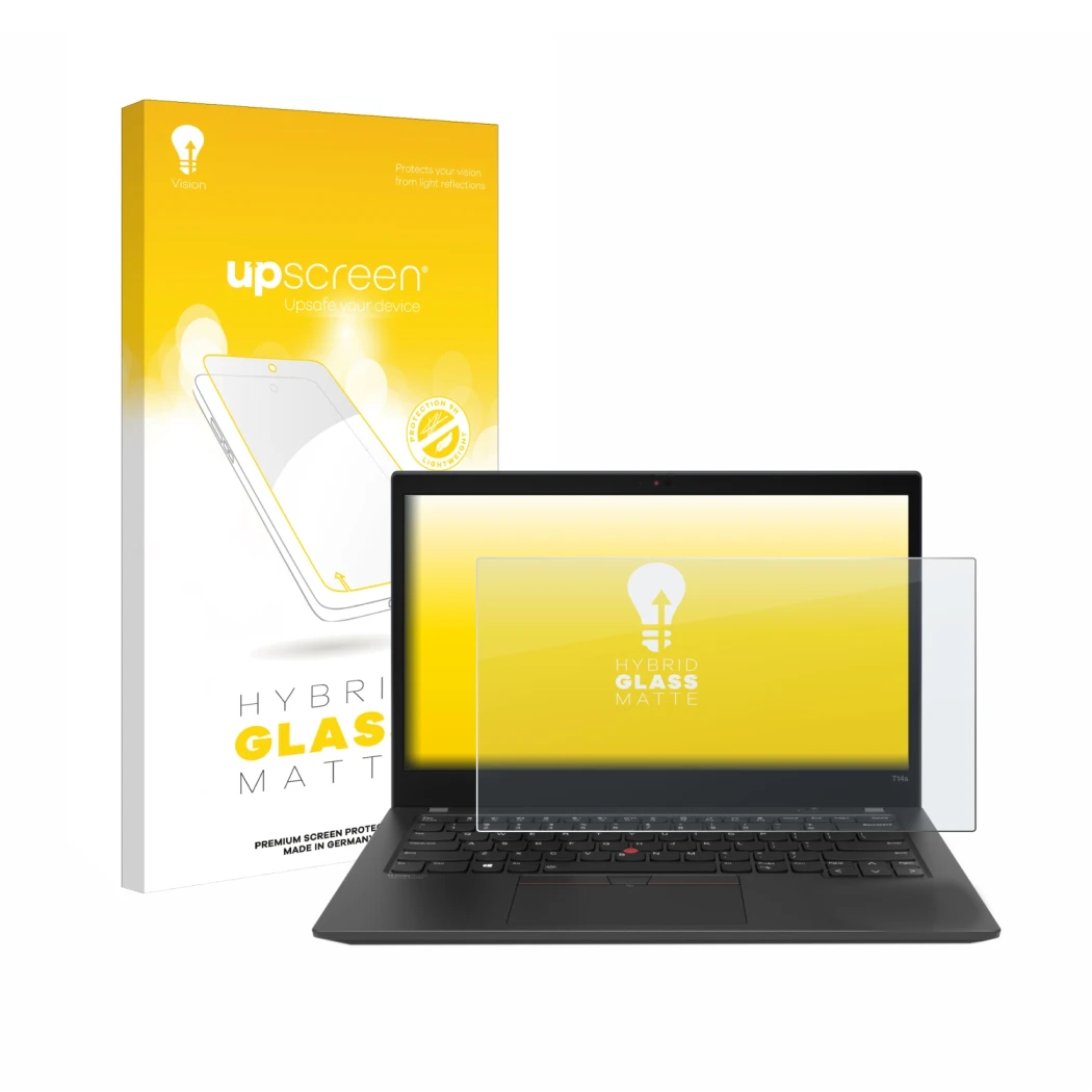 Front side of a product packaging with the brand logo upscreen. Next to it is the device Lenovo ThinkPad T14s Gen 2 shown with