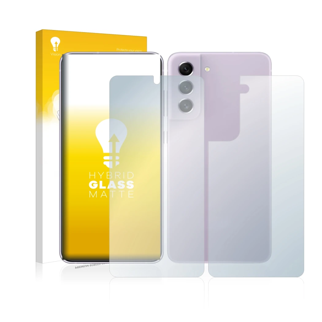 Front side of a product packaging with the brand logo upscreen. Next to it is the device Samsung Galaxy S21 FE 5G (Front+Back)