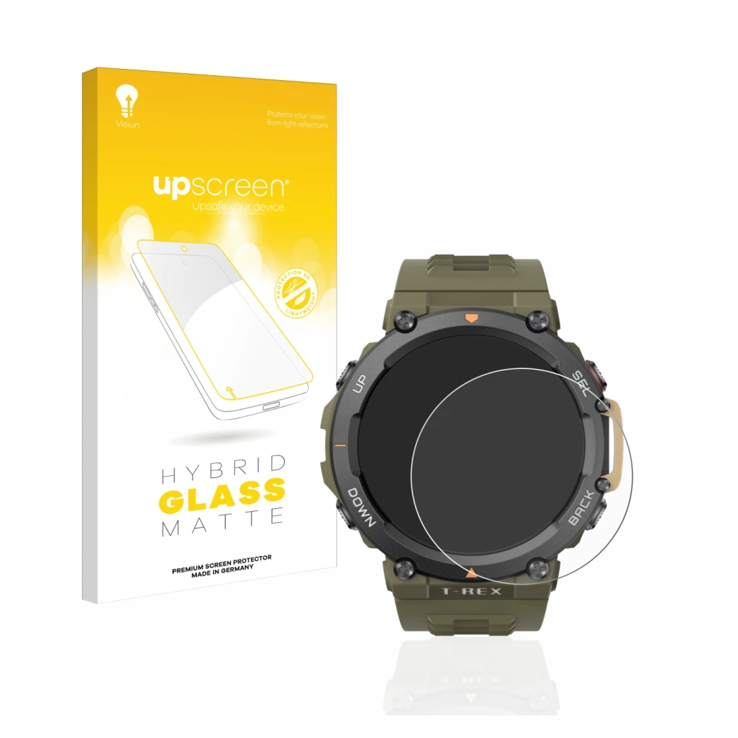 Front side of a product packaging with the brand logo upscreen. Next to it is the device Huami Amazfit T-Rex 2 shown with the 