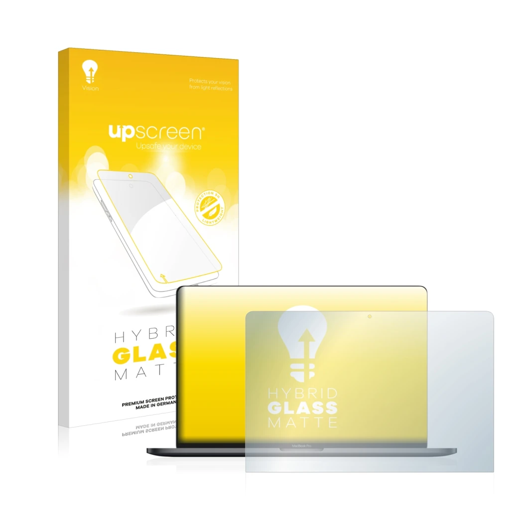 Front side of a product packaging with the brand logo upscreen. Next to it is the device Apple MacBook Pro 13