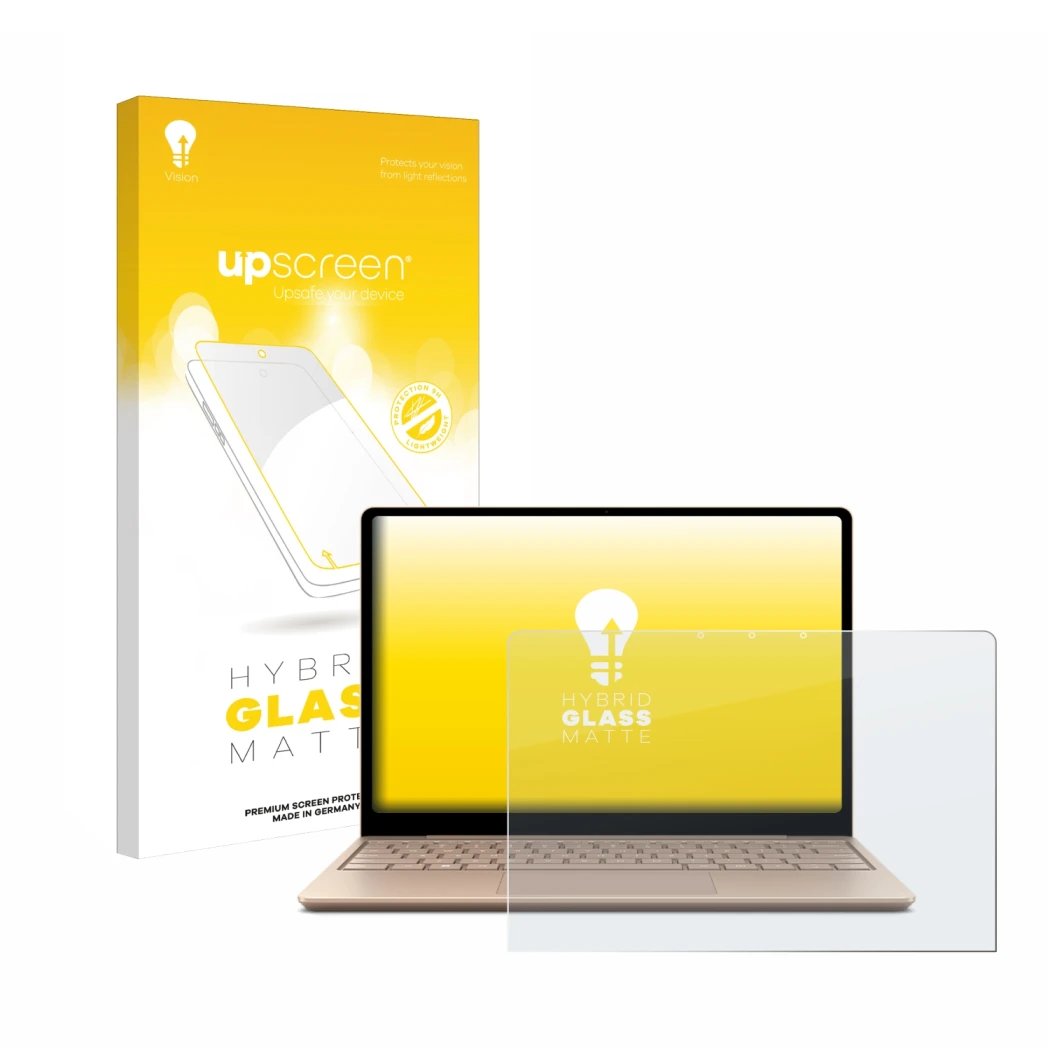 Front side of a product packaging with the brand logo upscreen. Next to it is the device Microsoft Surface Laptop Go 2 Busines