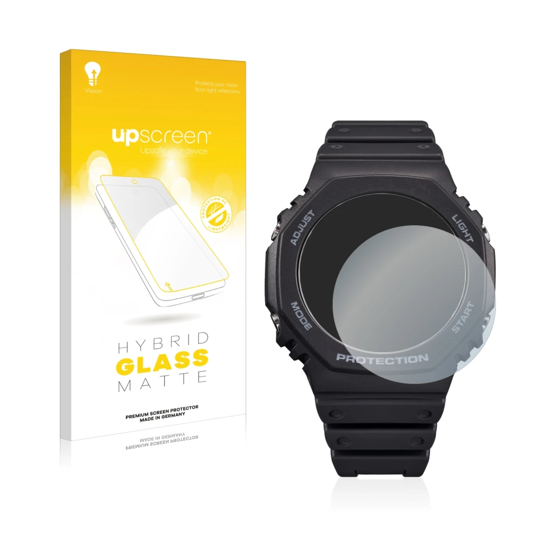 Front side of a product packaging with the brand logo upscreen. Next to it is the device Casio G-Shock GA-B2100 shown with the