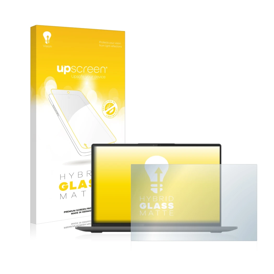 Front side of a product packaging with the brand logo upscreen. Next to it is the device Lenovo Yoga Slim 7 ProX 14ARH7 shown 