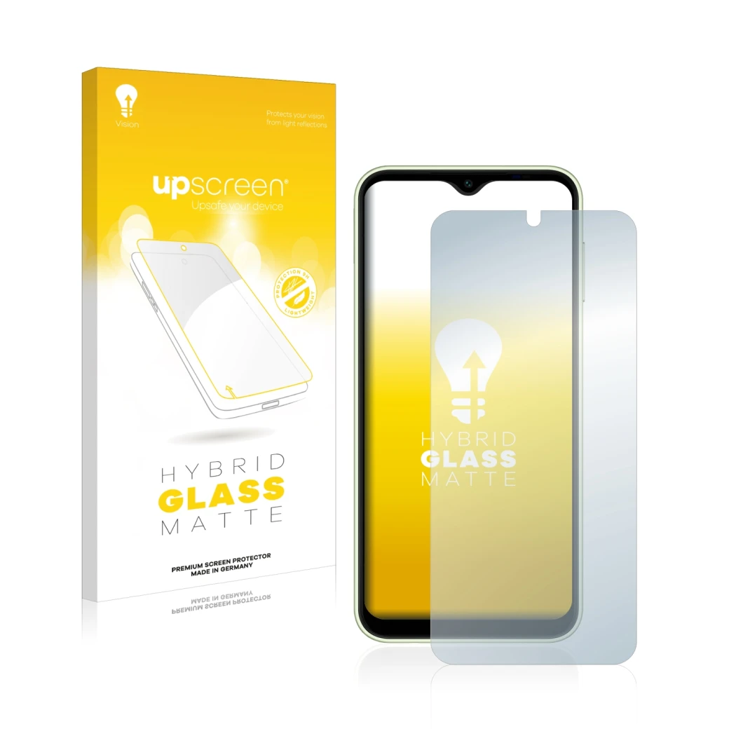 Front side of a product packaging with the brand logo upscreen. Next to it is the device Samsung Galaxy A14 5G shown with the 