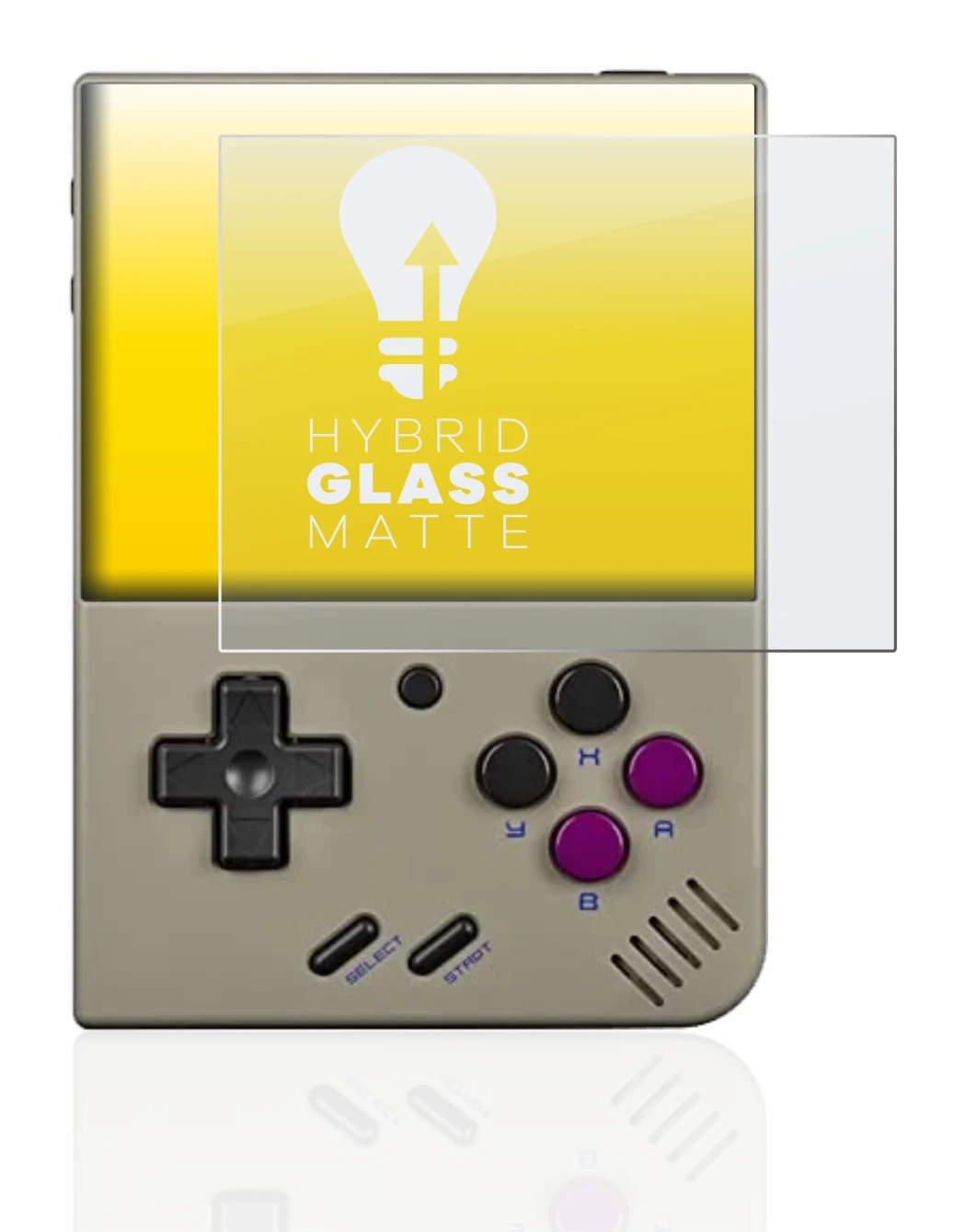 Image of the device Miyoo Mini Plus with a wide variety of screen protectors.