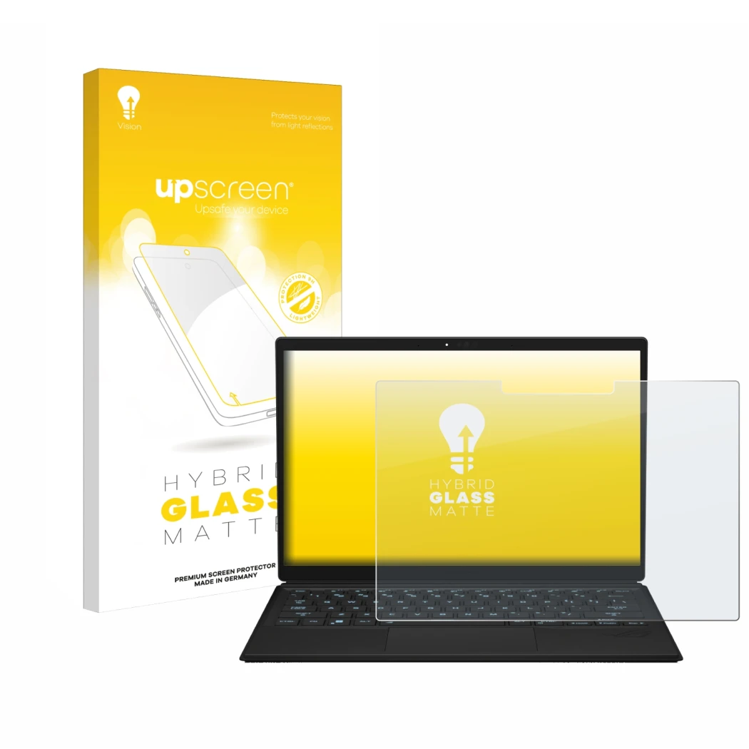 Front side of a product packaging with the brand logo upscreen. Next to it is the device ASUS ROG Flow Z13 2023 shown with the