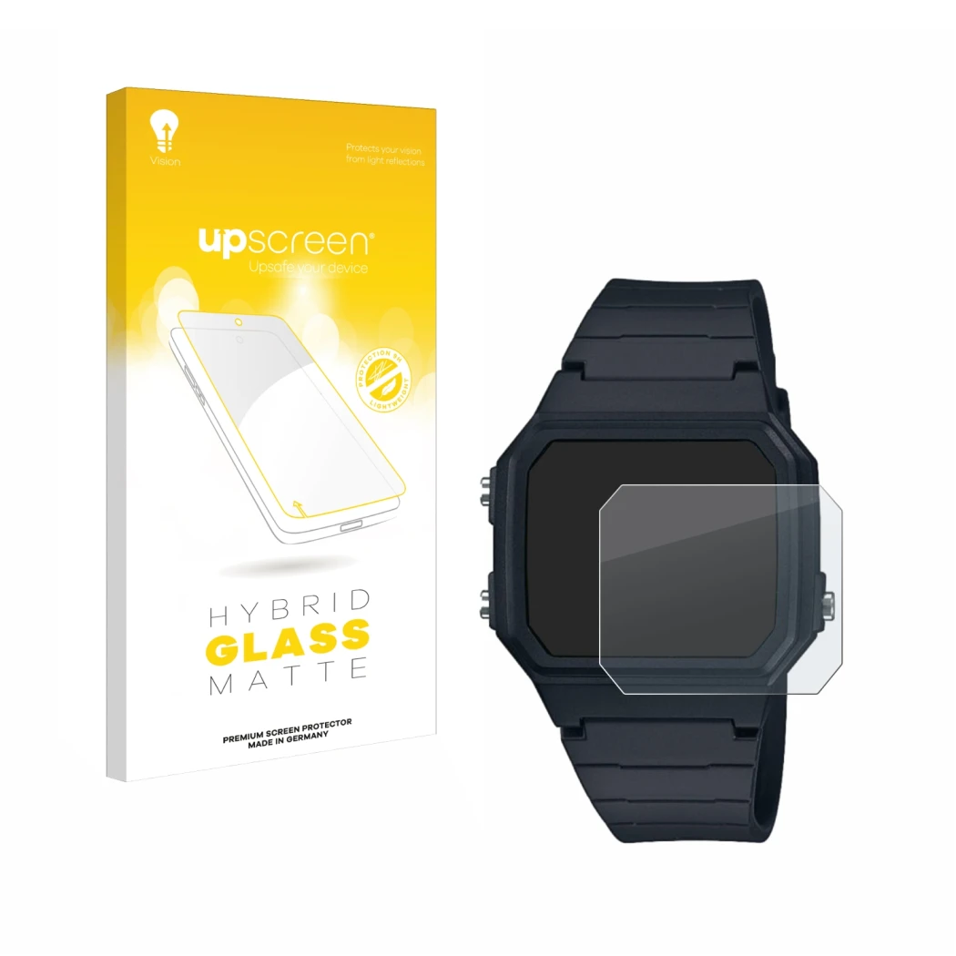 Front side of a product packaging with the brand logo upscreen. Next to it is the device Casio W-217H-1AVCF shown with the cor