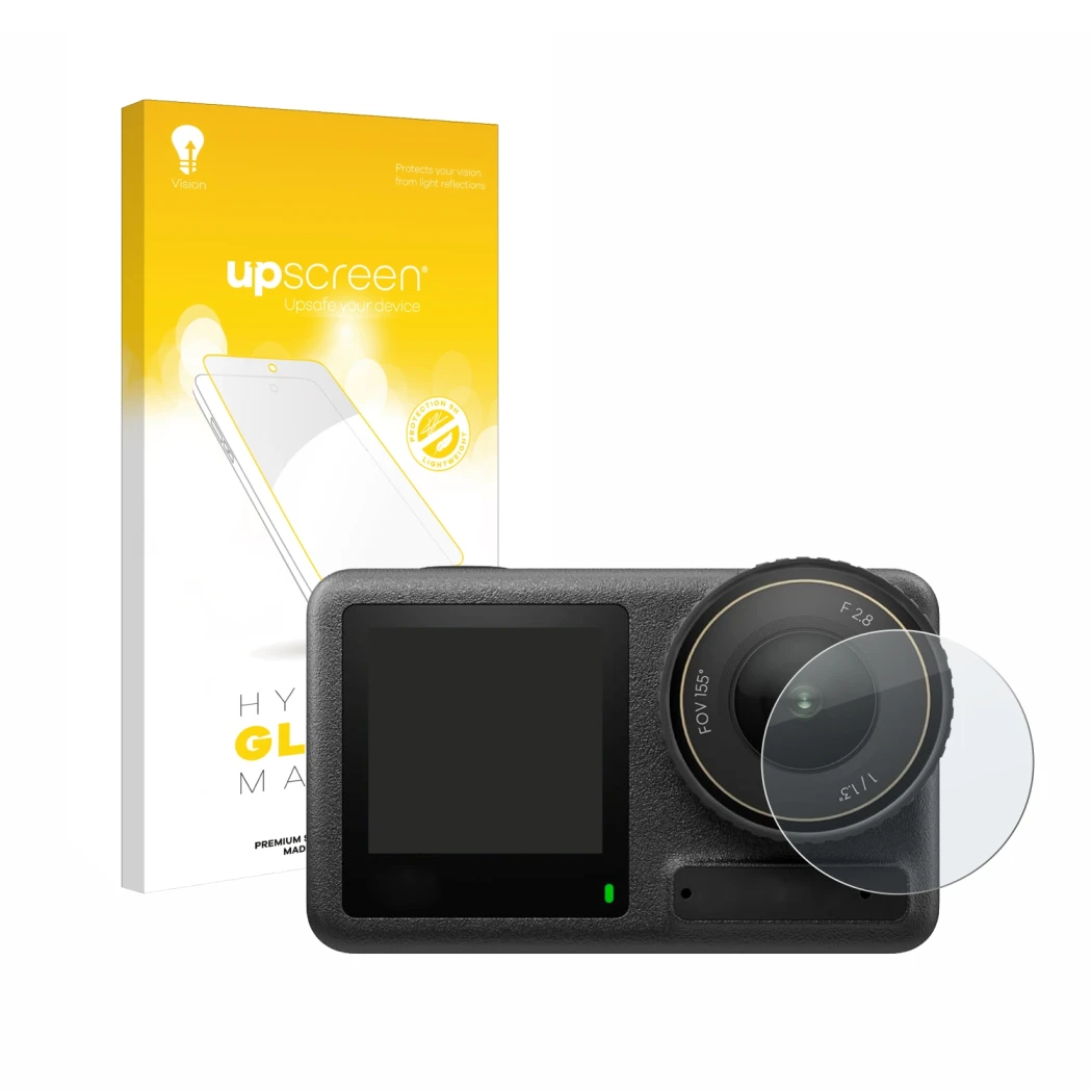 Front side of a product packaging with the brand logo upscreen. Next to it is the device DJI Osmo Action 4 (Lens) shown with t