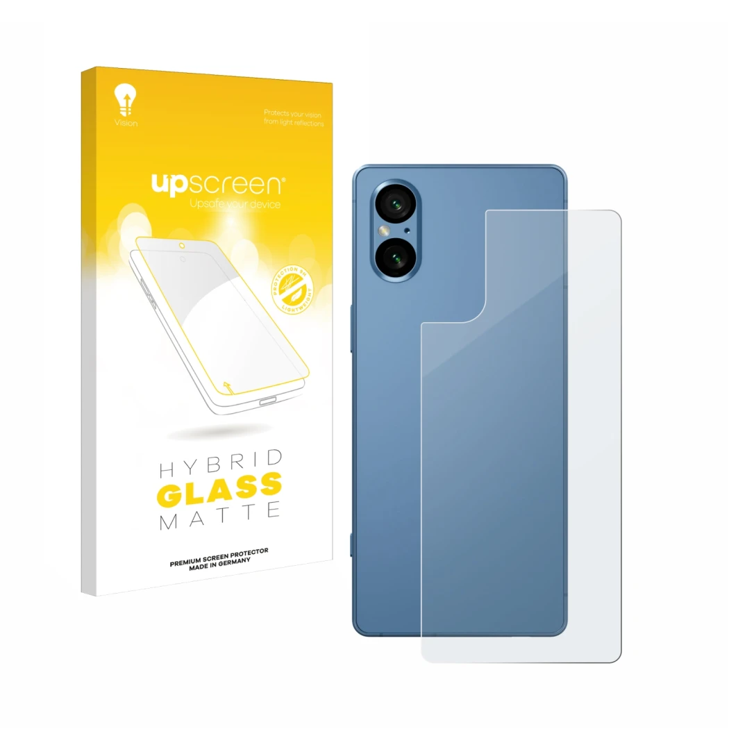 Front side of a product packaging with the brand logo upscreen. Next to it is the device Sony Xperia 5 V (Back) shown with the