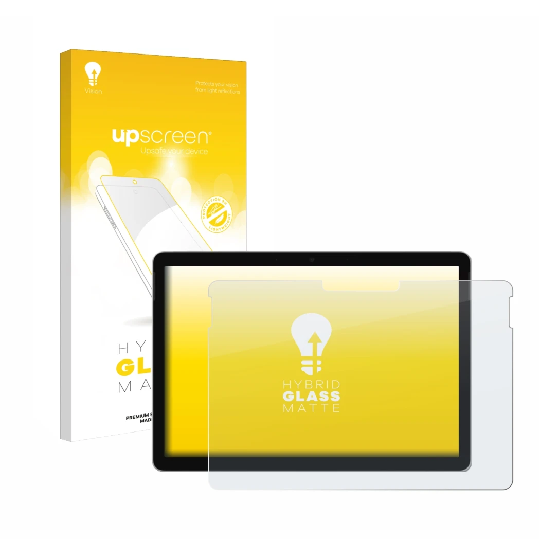 Front side of a product packaging with the brand logo upscreen. Next to it is the device Microsoft Surface Go 4 shown with the