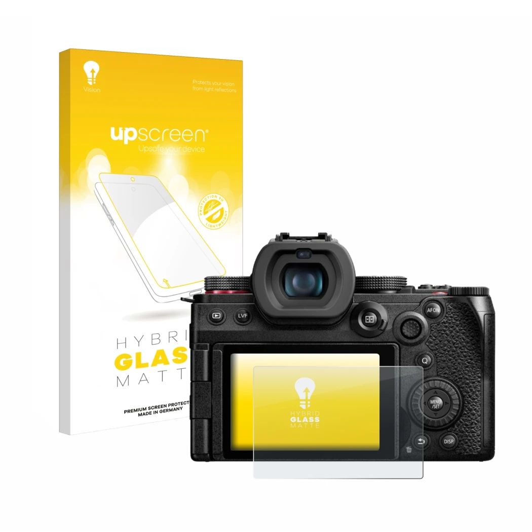 Front side of a product packaging with the brand logo upscreen. Next to it is the device Panasonic Lumix DC-G9 II shown with t