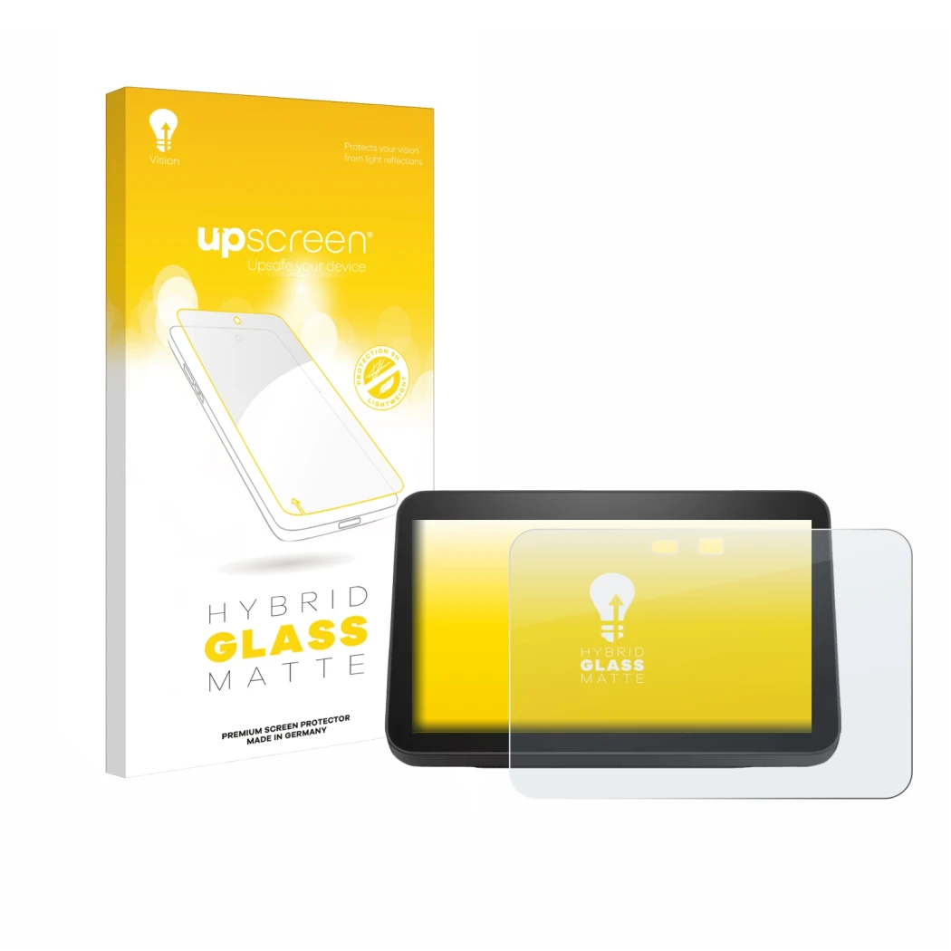 Front side of a product packaging with the brand logo upscreen. Next to it is the device Amazon Echo Show 8 2023 (3th Gen.) sh