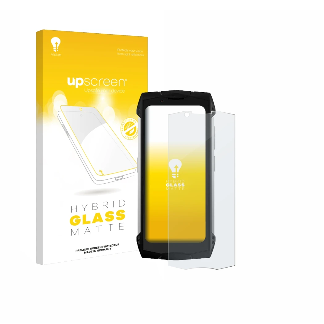 Front side of a product packaging with the brand logo upscreen. Next to it is the device Doogee S Mini shown with the correspo