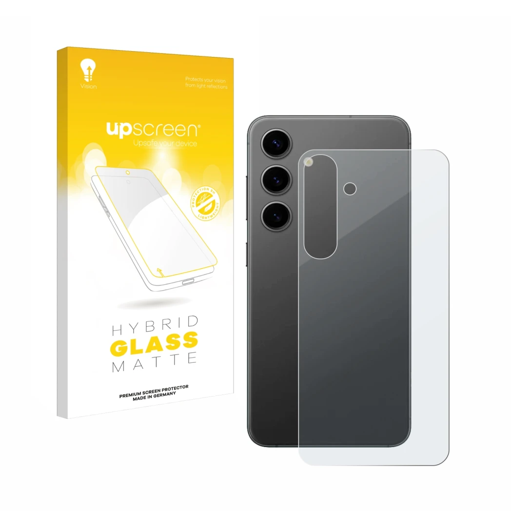 Front side of a product packaging with the brand logo upscreen. Next to it is the device Samsung Galaxy S24 Plus (Back) shown 