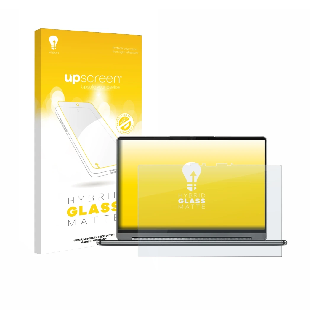 Front side of a product packaging with the brand logo upscreen. Next to it is the device Lenovo Yoga 9i Gen 9 2-in-1 14