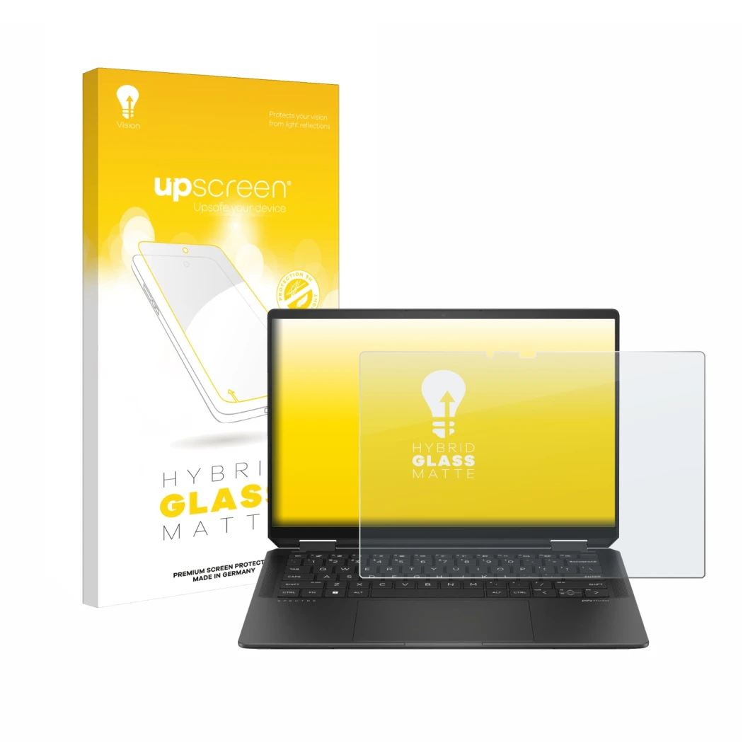 Front side of a product packaging with the brand logo upscreen. Next to it is the device HP Spectre x360 (14-e) 2024 shown wit