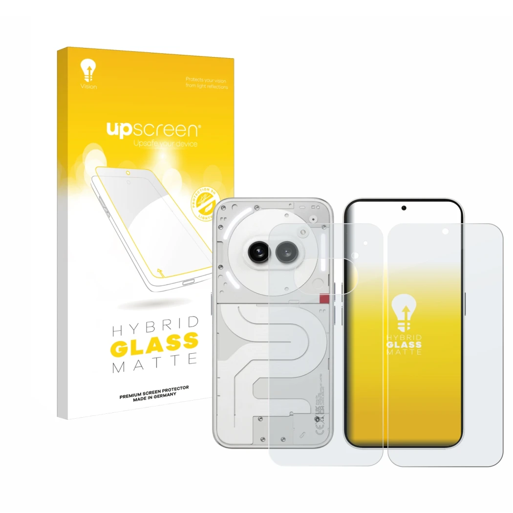 Front side of a product packaging with the brand logo upscreen. Next to it is the device Nothing Phone (2a) (Front+Back) shown