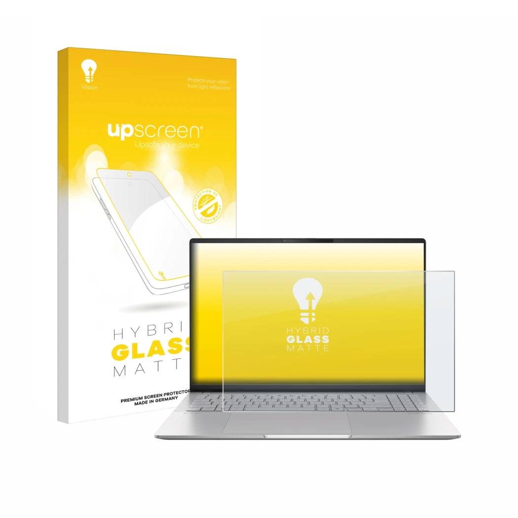 Front side of a product packaging with the brand logo upscreen. Next to it is the device ASUS Vivobook S16 OLED M5606 shown wi