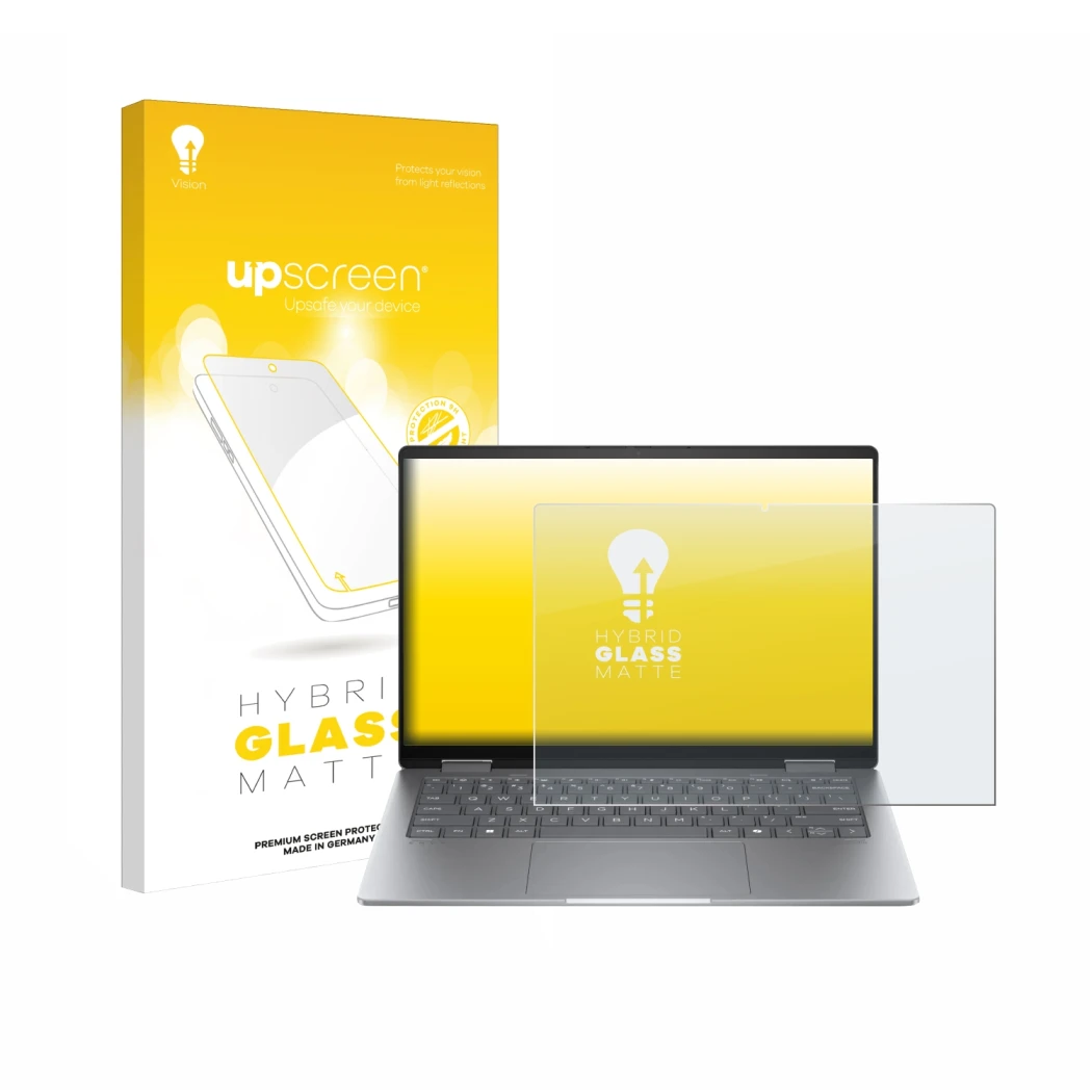 Front side of a product packaging with the brand logo upscreen. Next to it is the device HP Envy x360 14 2-in-1 shown with the