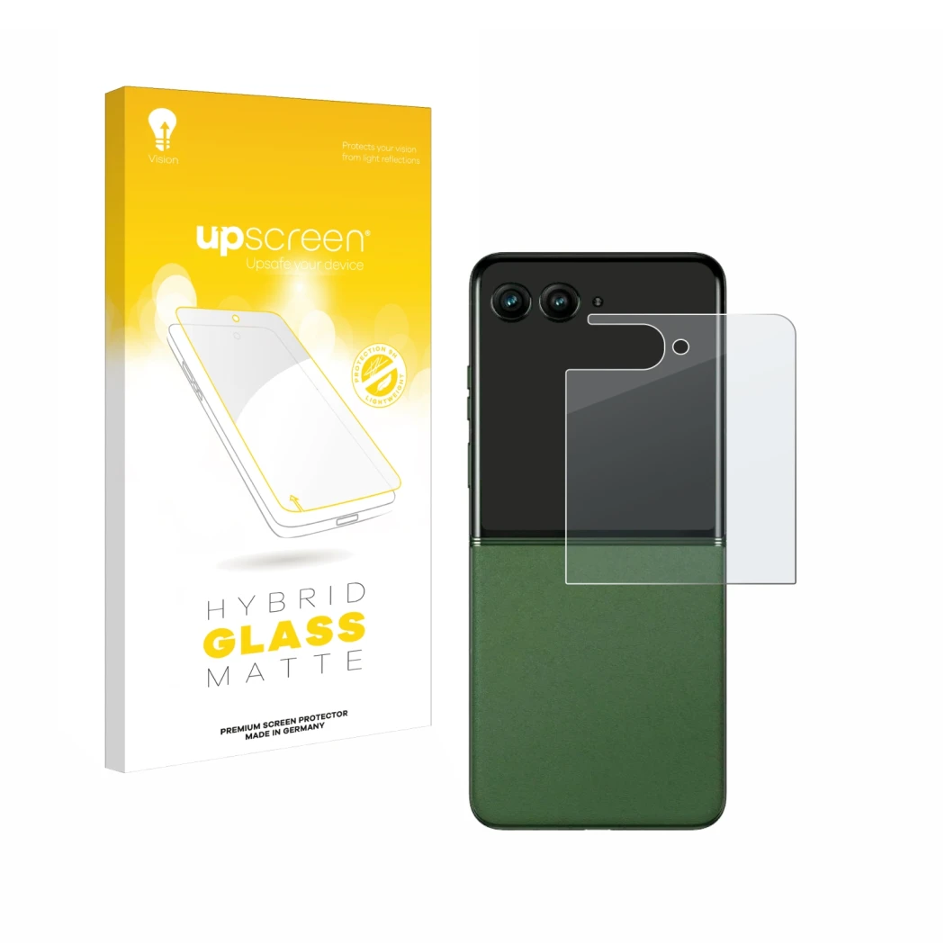 Front side of a product packaging with the brand logo upscreen. Next to it is the device Motorola Razr 50 Ultra (Back display)