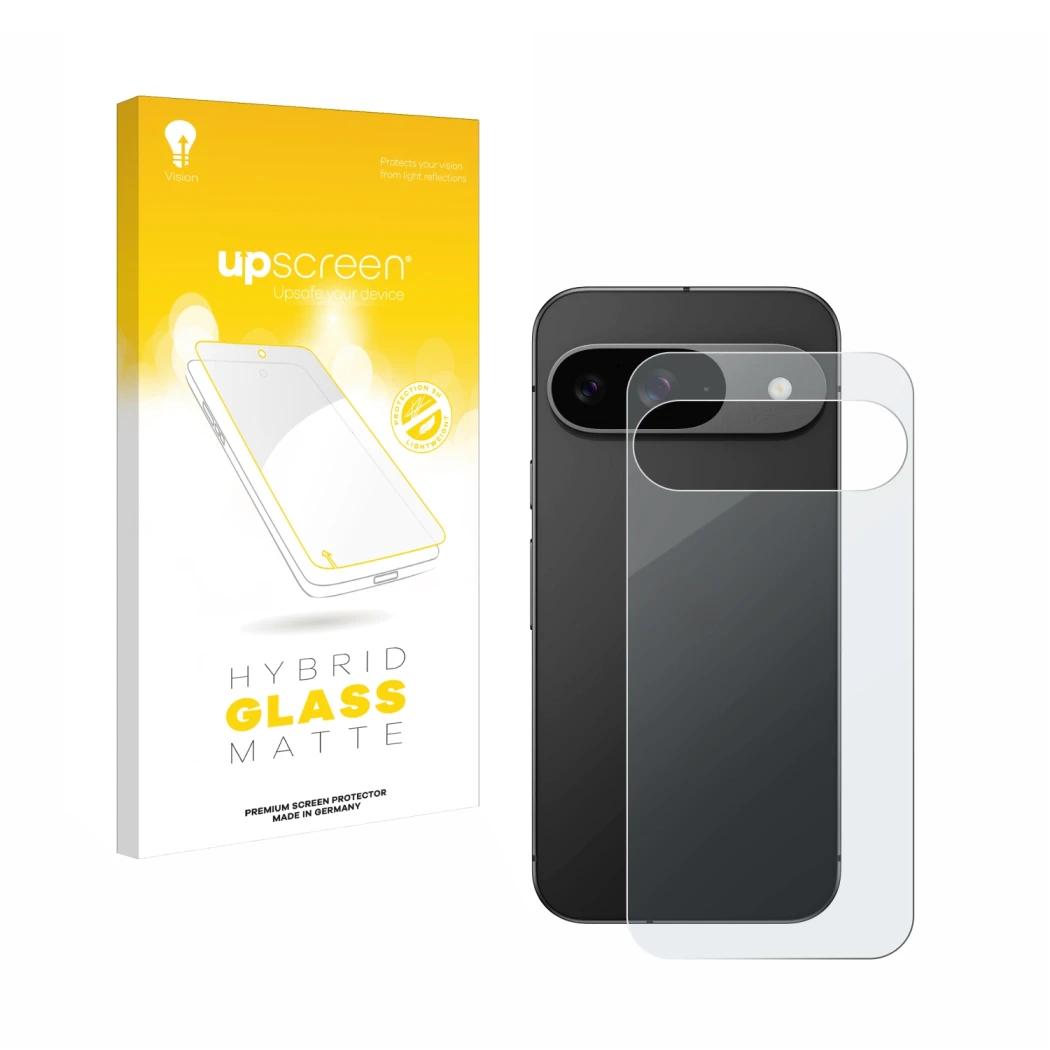 Front side of a product packaging with the brand logo upscreen. Next to it is the device Google Pixel 9 (Back) shown with the 