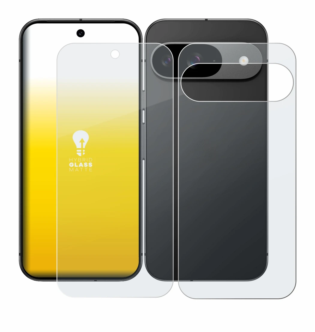 Image of the device Google Pixel 9 (Front+Back) with a wide variety of screen protectors.
