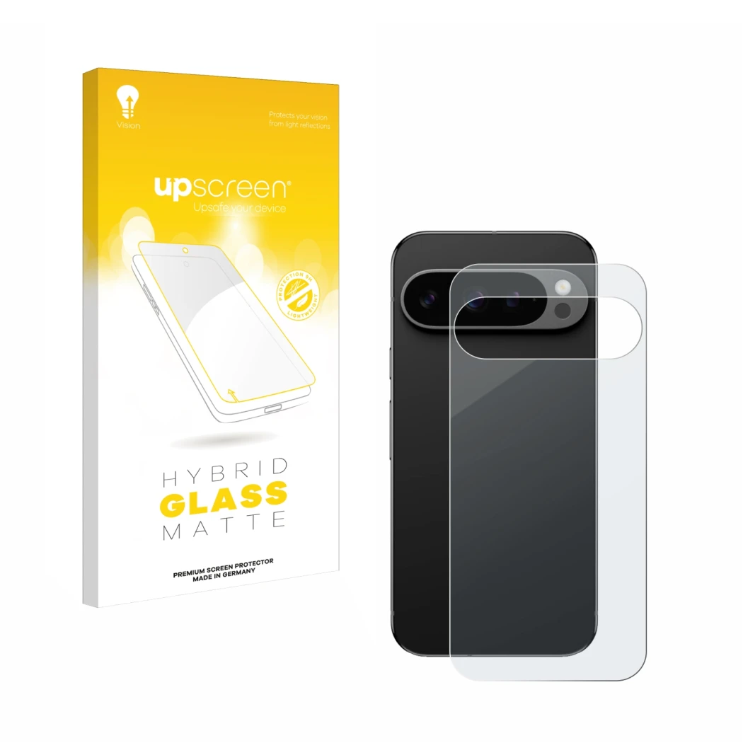 Front side of a product packaging with the brand logo upscreen. Next to it is the device Google Pixel 9 Pro (Back) shown with 