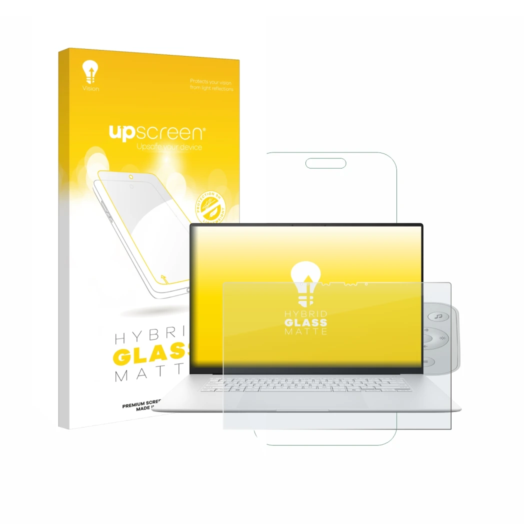 Front side of a product packaging with the brand logo upscreen. Next to it is the device ASUS ZenBook S 16 shown with the corr