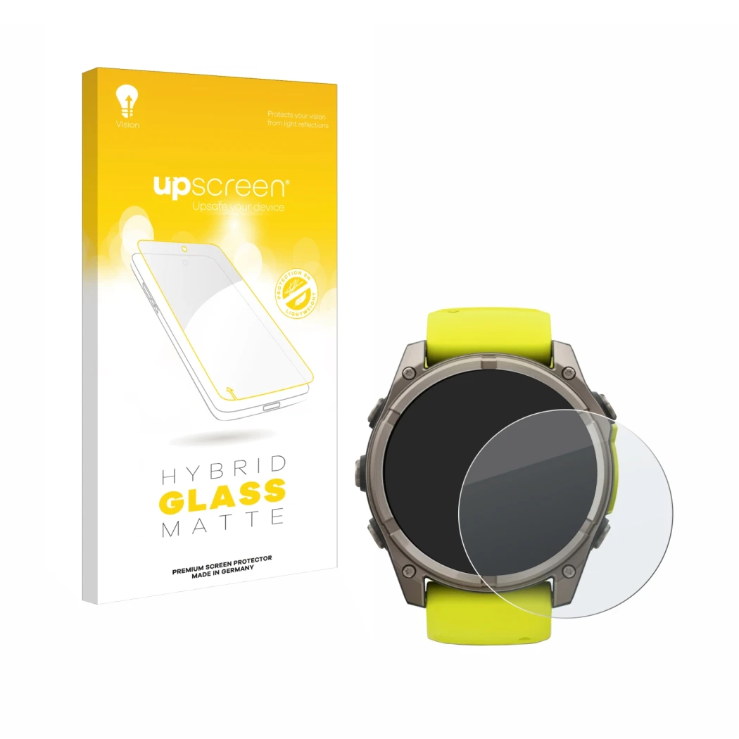 Front side of a product packaging with the brand logo upscreen. Next to it is the device Garmin Fenix 8 Solar (51 mm) shown wi