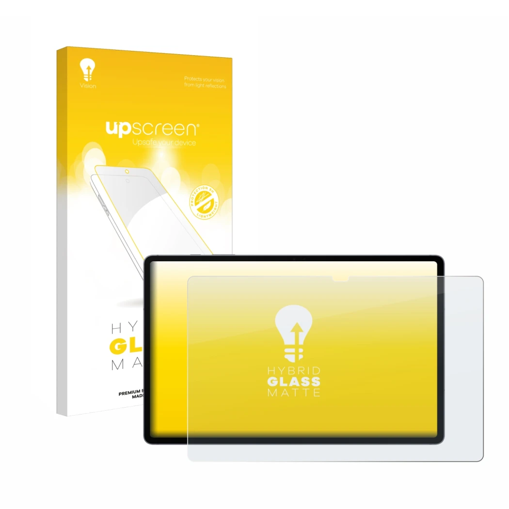 Front side of a product packaging with the brand logo upscreen. Next to it is the device Samsung Galaxy Tab S10 Plus WiFi show