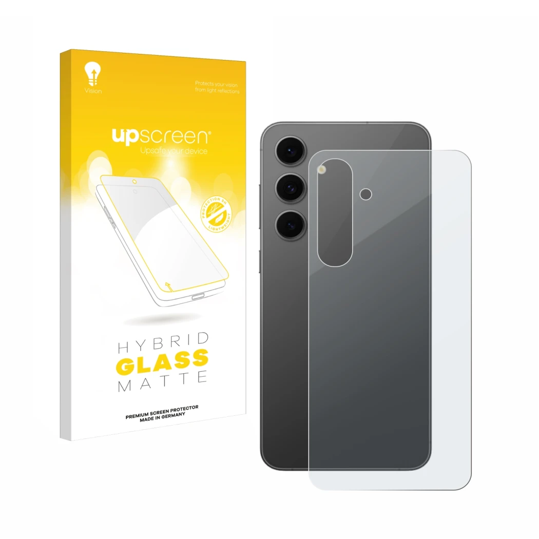 Front side of a product packaging with the brand logo upscreen. Next to it is the device Samsung Galaxy S24 FE (Back) shown wi