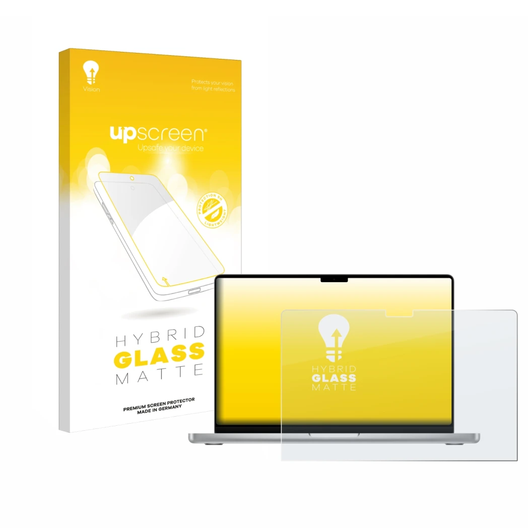 Front side of a product packaging with the brand logo upscreen. Next to it is the device Apple MacBook Pro 14