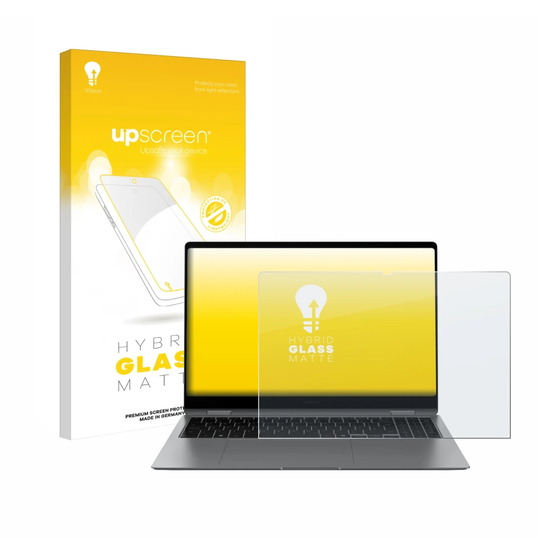 Front side of a product packaging with the brand logo upscreen. Next to it is the device Samsung Galaxy Book5 Pro 360 16