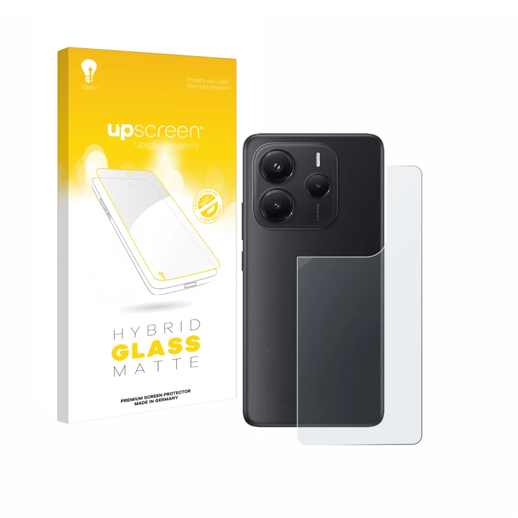 Front side of a product packaging with the brand logo upscreen. Next to it is the device Xiaomi Redmi Note 14 (Back) shown wit