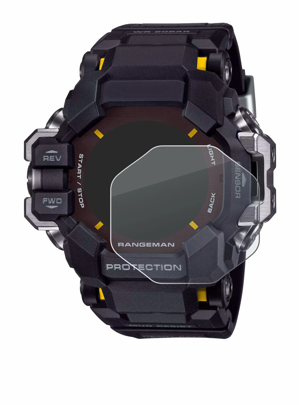 Image of the device Casio G-Shock GPR-H 1000 with a wide variety of screen protectors.