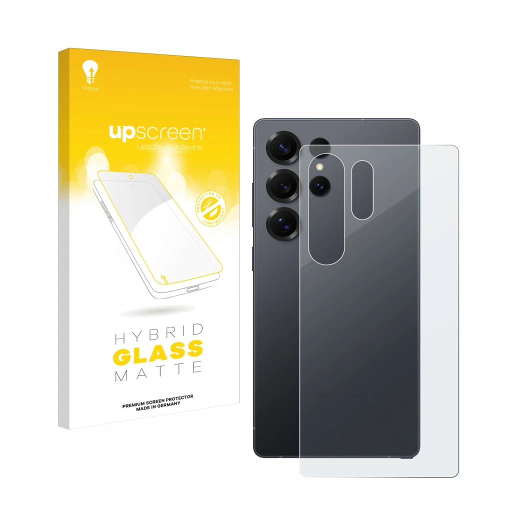 Front side of a product packaging with the brand logo upscreen. Next to it is the device Samsung Galaxy S25 Ultra Enterprise E