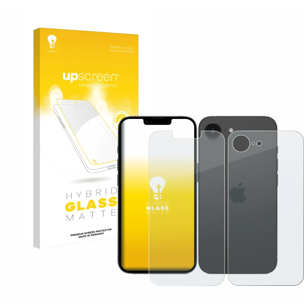 Front side of a product packaging with the brand logo upscreen. Next to it is the device Apple iPhone 16e (Front+Back) shown w