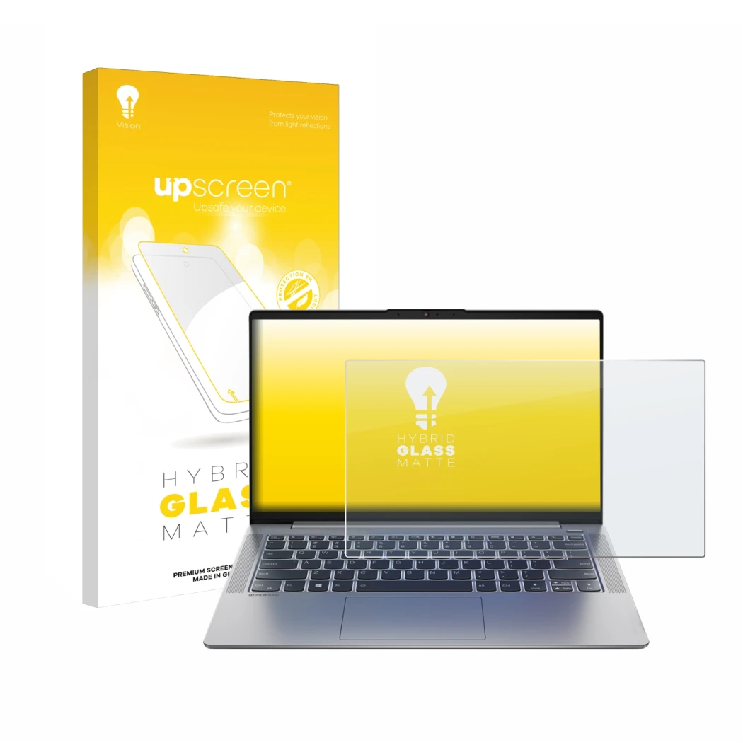 Front side of a product packaging with the brand logo upscreen. Next to it is the device Lenovo IdeaPad 5 14ALC05 shown with t