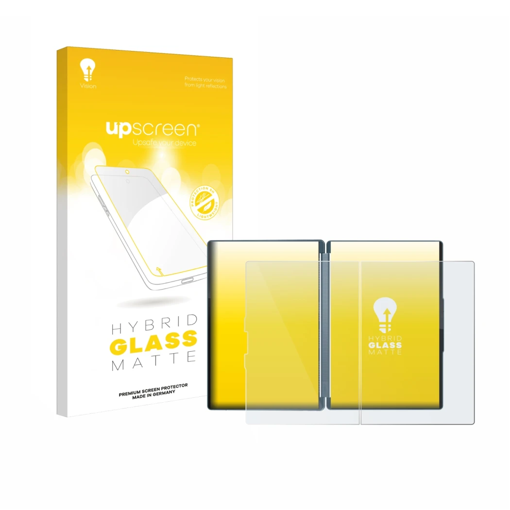 Front side of a product packaging with the brand logo upscreen. Next to it is the device Lenovo Yoga Book 9 14IAH10 shown with