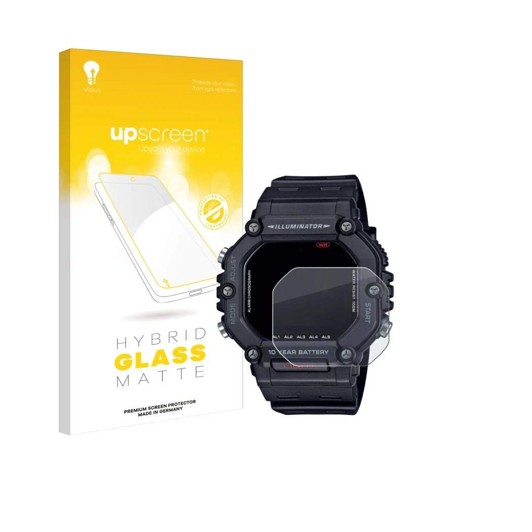 Front side of a product packaging with the brand logo upscreen. Next to it is the device Casio AE-1600H shown with the corresp