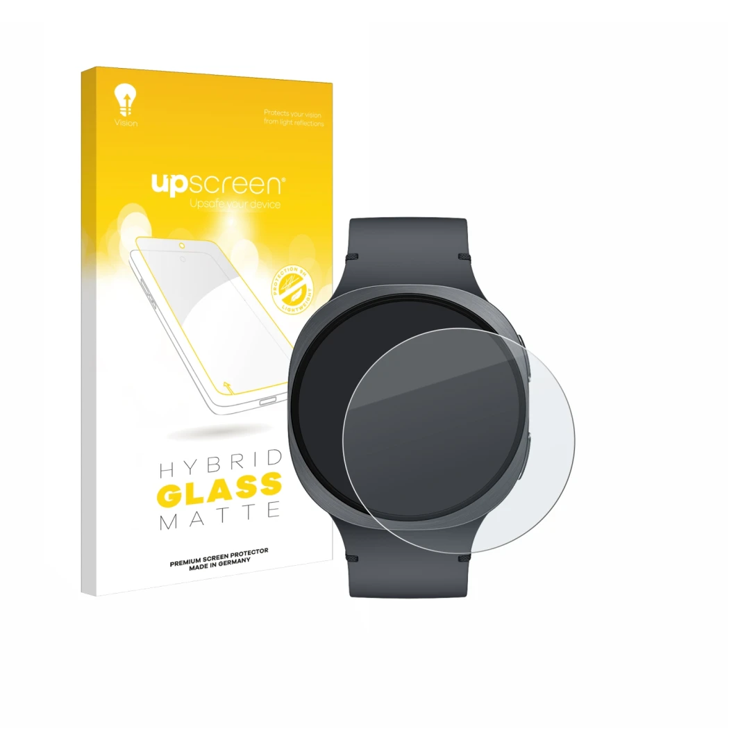 Front side of a product packaging with the brand logo upscreen. Next to it is the device Samsung Galaxy Watch 8 (44 mm) shown 